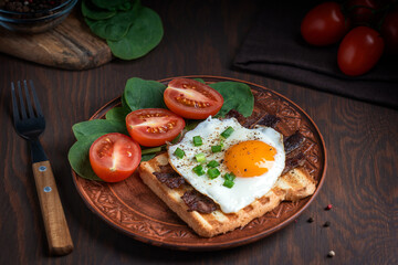 Traditional american breakfast consisting of fried eggs with scallions on grilled toast bread with bacon, tomatoes and spinach served on round plate on dark brown wooden background with fork