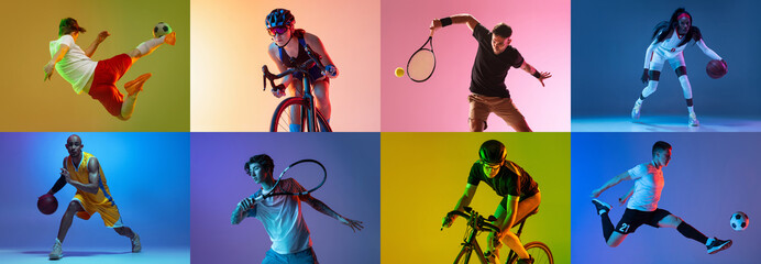 Collage of different professional sportsmen, fit people isolated on color background in neon light. Flyer.