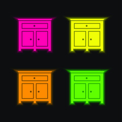 Bedroom Drawer Furniture four color glowing neon vector icon