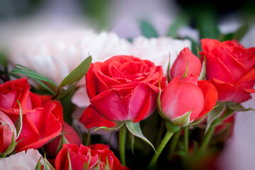 gift bouquet with red roses and pink carnations