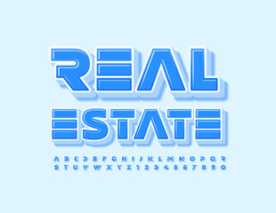 Vector business Banner Real Estate. Futuristic style 3D Font. Artistic Alphabet Letters and Numbers set