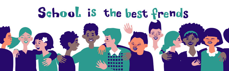 Horizontal seamless pattern depicting happy children, teenagers. Communicating, laughing schoolchildren, teenagers, boys and girls of different races. Flat cartoon vector illustration