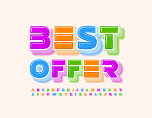 Vector business promo Best Offer. Colorful trendy Alphabet Letters and Numbers set. Creative 3D Font