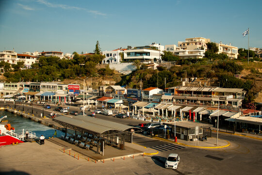 View of famous port and city of Rafina where passenger ferries travel to Aegean islands, Attica, Greece