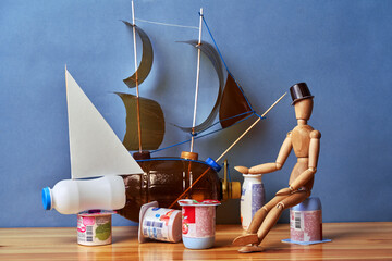Toy ships made from plastic waste