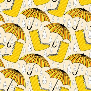 Pattern with umbrellas and rubbel boots. Autumn seamless background in orange and yellow colors. Childish fall fashion.
