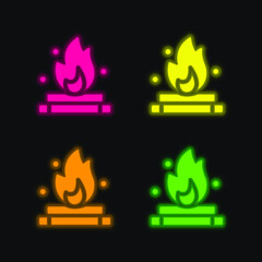 Bonfire four color glowing neon vector icon