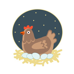 Cute happy hen sitting on her eggs in straw nest at night. Cartoon vector illustration isolated on white background. Can be used for farming, aviculture business,children's book.