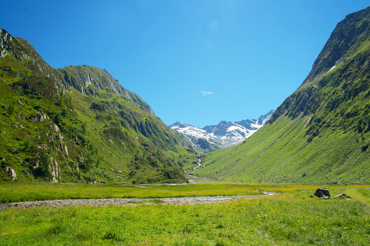 Alpine plateau in s&uuml;dtiroler Ahrntal with green plain, mountain stream, glacier and clear blue sky in summer