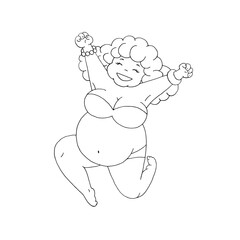 Cheerful woman in a curvaceous swimsuit. Leap for joy. Happiness. Excess weight. Body positive. Summer. Beach. Vector. Doodle. Hand-drawn illustration. Silhouette. Black and white outline. Coloring.