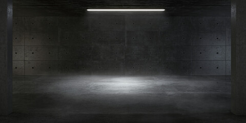 Atmospheric light in the modern futuristic underground showroom with a concrete wall. - obrazy, fototapety, plakaty