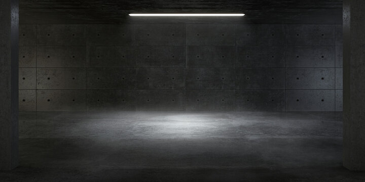 Atmospheric light in the modern futuristic underground showroom with a concrete wall.