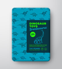 Dinosaur Toys Label Template. Abstract Vector Packaging Design Layout. Hand Drawn Brontosaurus Sketch with Ancient Reptile Craetures Pattern Background and Realistic Shadows. Isolated