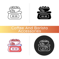 Coffee scale icon. Appliance for measuring beans weight. Weighing roasted seeds for espresso preparation. Barista accessories. Linear black and RGB color styles. Isolated vector illustrations