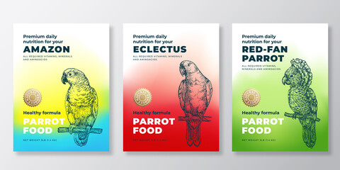 Pet Bird Food Product Label Templates Set. Abstract Vector Packaging Design Layouts. Modern Typography Banners with Hand Drawn Amazon, Eclectus and Red Fan Parrot Sketch Backgrounds Collection © createvil