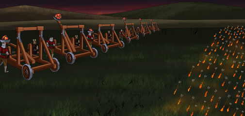 throwing flame stones on the battlefield with catapult