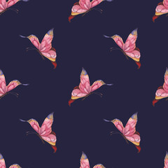 Seamless watercolor pattern with pink abstract butterflies fluttering on a blue background. Summer pattern for fabrics. dresses, bed linen, packaging
