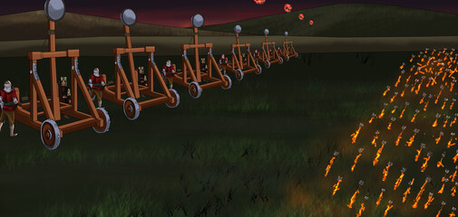 throwing flame stones on the battlefield with catapult