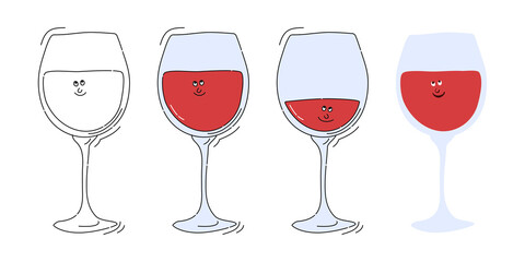 Red wine glassware with smile face on white background. Cartoon sketch graphic design. Doodle style with black contour line. Cute hand drawn glass. Party drinks concept. Kawaii freehand drawing style