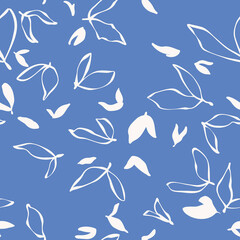 Doodled leaves seamless repeat pattern. Random placed, vector botany leaf illustrations all over surface print on blue background.