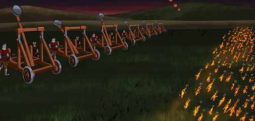 throwing flame stones on the battlefield with catapult