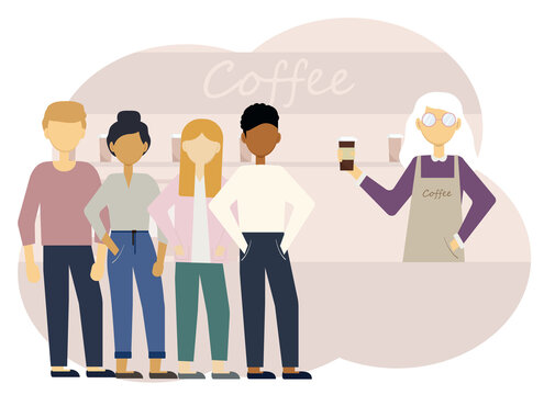 Illustration of a coffee shop interior with a woman barista at the counter and a long line of customers.