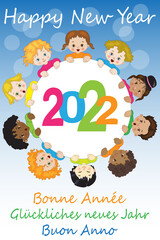 Cheerful children in a circle celebrate the new year two thousand and twenty two with greeting text in English and other languages