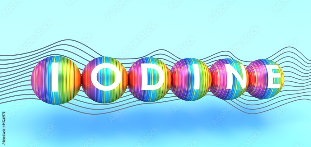 Wall mural Iodine chemical element name on spheres. 3D illustration - Wall murals