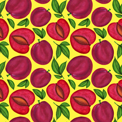 Red chinese plum watercolor seamless pattern. Fresh fruit repeated on yellow background with whole and sliced nectarine, leaves. Cooking backdrop, kitchen print. Bright hand drawn food illustration