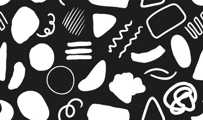 Different black abstract shapes seamless repeat pattern., Random placed, vector geometrical doodled elements all over surface print on black background.