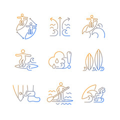 Water activities gradient linear vector icons set. Surfing maneuvers. Keeping distance. Rip currents. Floater. Thin line contour symbols bundle. Isolated vector outline illustrations collection