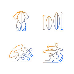 Surf riding gradient linear vector icons set. Wetsuit. Choosing surfboard size. Surf wipeout. Flight maneuver. Thin line contour symbols bundle. Isolated vector outline illustrations collection