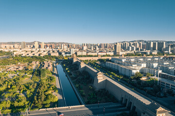 Aerial view of Shanxi Datong cityscapes and the old city wall