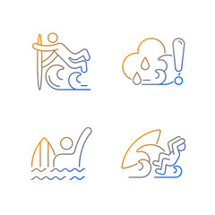Water sports gradient linear vector icons set. Superman surfing technique. Checking weather. Emergency signal. Thin line contour symbols bundle. Isolated vector outline illustrations collection