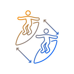 Keeping distance between surfers gradient linear vector icon. Preventing surfing injuries. Surfing etiquette. Thin line color symbols. Modern style pictogram. Vector isolated outline drawing