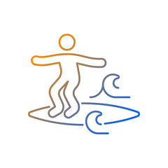 Noseriding surfing technique gradient linear vector icon. Maneuver on head-high waves. Cross-stepping trick. Thin line color symbols. Modern style pictogram. Vector isolated outline drawing