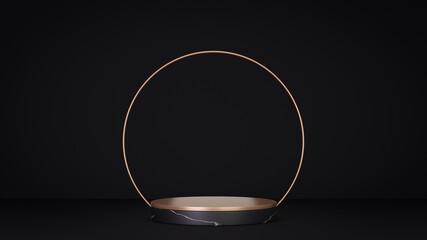 3D rendering background. Black gold cylinder stage podium and gold ring decoration back on black background. Image for presentation.