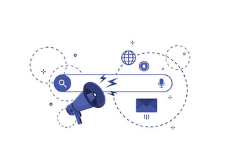 Web search page. Web window on white background. In flat design vector illustration. Browser with search bar field and search button. Blue. Eps 10