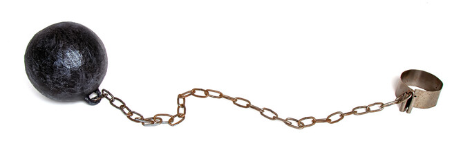 Heavy metal ball on a chain and a fastener for a prisoner or slave isolated on white background - obrazy, fototapety, plakaty