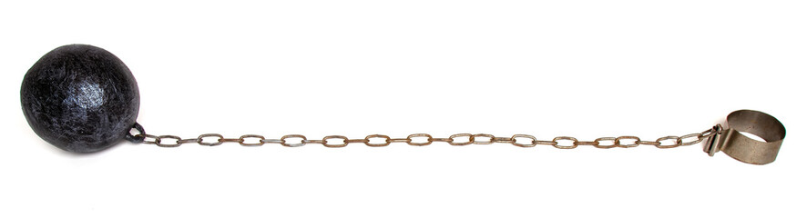 Heavy metal ball on a chain and a fastener for a prisoner or slave isolated on white background