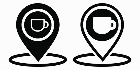 Location of the cafe. GPS and cup. Point on the recreation map. Restaurant icon. Vector icon.
