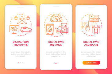 Digital twin types onboarding mobile app page screen. Automation technologies walkthrough 3 steps graphic instructions with concepts. UI, UX, GUI vector template with linear color illustrations