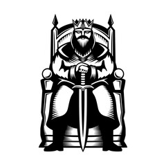 Illustration of a king sitting on a throne with a sword in his hands on a white background.