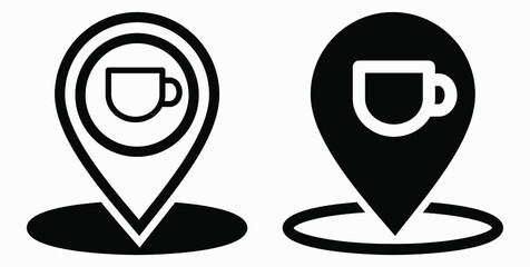 Location of the cafe. GPS and cup. Point on the recreation map. Restaurant icon. Vector icon.