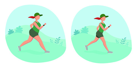 Young running girl in 2 body types: slim and not slim. Runners in the park. Vector illustration set. Sport, Workout, Cardio , Healthy lifestyle, Fitness, Training, Running concept