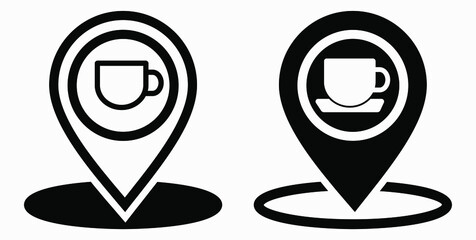 Location of the cafe. GPS and cup. Point on the recreation map. Restaurant icon. Vector icon.