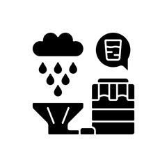 Recycling rainwater black glyph icon. Collecting rainfall from roof and storing in tanks. Natural resource conservation. Silhouette symbol on white space. Vector isolated illustration