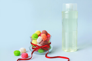 Feast Concept, Traditional Turkish Ramadan sweet sugar in glass bowl and cologne bottle