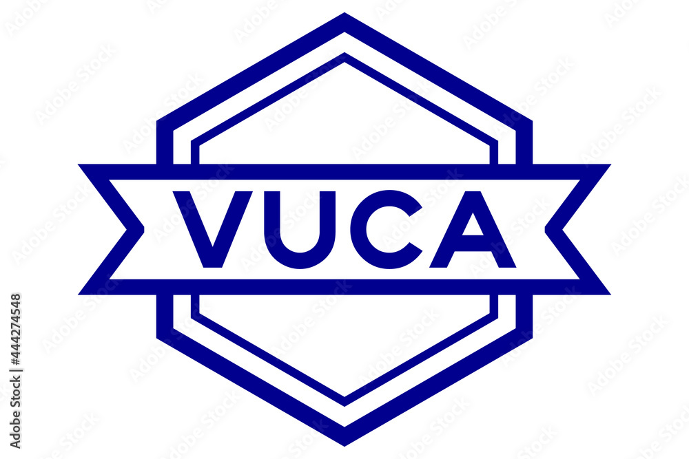 Sticker Vintage hexagon label banner with word VUCA (abbreviation of Volatility, uncertainty, complexity and ambiguity) in blue color on white background