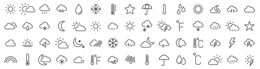 Weather icons. Weather forecast icon set. Clouds logo. Weather , clouds, sunny day, moon, snowflakes, wind, sun day. Vector illustration. - obrazy, fototapety, plakaty